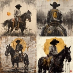 **imagine a painting presented in the style of black and white ink wash: Jimmy Butler facing away from the viewer, riding a black steed, positioned in the center of the composition. The horse's four legs are fully visible, with its saddle adorned with golden tassels and brocade. image isoldated with white background. Jimmy Butler wears a deep brown cowboy hat, a Golden State Warriors jersey, and jeans, while holding a basketball. --s 750 --v 6.0** - <@531918970526236718> (fast)
-# Create, explore, and organize on [midjourney.com](<https://midjourney.com/imagine?from_discord=1>)