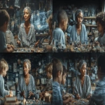 **A realistic photo of an older Black woman in her fifties with short natural hair, wearing comfortable casual clothing typically worn at home in the evening. She sits slightly off-center in a colorful kid’s playroom, surrounded by her young grandchildren who are enthusiastically playing a fast-paced game. She looks confused but amused, clearly trying to keep up with the rules, her hands half-raised in mid-gesture. The room is filled with toys, scattered game pieces, books, and playful wall decorations. Soft, warm lighting fills the space, while abstract light reflections and ripple patterns subtly animate the background, symbolizing memory, learning, and generational gaps. The composition has shallow depth of field, cinematic lighting, natural gestures, and rich contrast. Captured in the style of a Canon EOS R5 with an EF 8mm lens, f/2 aperture, ISO 30, hyper-realistic textures, sharp focus, subtle motion blur, domestic warmth, humor, intergenerational connection, quiet vulnerability --sref <https://s.mj.run/hdkYJhCVlkg> --aspect 16:9 --s 250** - <@1220830039520841890> (fast)
