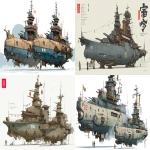 **a dnd style concept art with Ashley Wood details of two feudal japan wooden and old iron nuclear powered torpedo carrier destroyer battleships, Japan Meiji era armada, have different number in the body, same size but not identical, dark industrial scifi style, labeled as armada best units, white-light sand color with wood camo accents and small hi-viz light blue and lime hazard markings, mechanical details, Japanese characters graffiti on the bombs, realistic look, moody atmosphere, a little bit foggy, signal towers, various size nobori, various size lanterns, robotic-mechanical arms, have japanese anime mural on the body, signal cabbles, on a white background in the style of Studio Ghibli and Makoto Shinkai, cel-shaded, full-body, cartoon, 2D game art --ar 11:5** - <@1043498067623686144> (fast)
-# Create, explore, and organize on [midjourney.com](<https://midjourney.com/imagine?from_discord=1>)