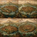 **a 15th century, illustrated map of a renaissance, coastal, walled city-state of islands with canals, in a large, subtropical harbor at the foot of a Vesuvian volcano. The map shows a giant frog under the lagoon. Engraving in sienna on cream-colored paper with red highlights.** - Variations (Strong) by <@470028338816090113> (fast)