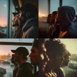 **a side profile shot of three gym friends, men, lined up, looking out the front window into a parking lot, early morning dawn hour** - <@719736185945063474> (fast)