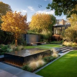 **high quality contemporary garden in London, water feature, green walls, mature trees in autumn, beautiful lawn, sunny day, birds in the sky --v 7.0** - Image #2 <@1013385397600002048>