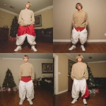 **A young handsome tan skinned white man with dirty blonde wavy short hair dressed in a Y2K Cholo gangster style, wearing a khaki long sleeve Dickies work shirt and extremely baggy, extra-long, 3XL plain long white and red Jordan basketball shorts. His shorts are very long and go down to his ankles and feet. He is wearing Nike Cortez shoes in his house by a Christmas tree --v 7.0** - Remix (Strong) by <@1061360796438900746> (fast)