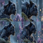 **An ultra-realistic, cinematic portrait of a majestic and powerful black panther character, the vigilant protector of his family. He is standing guard on a moss-covered rock overlooking a valley, his posture calm but intensely alert, muscles defined beneath his fur. In the soft-focused background, his younger sister and mother are visible, resting peacefully. His deep black fur is subtly infused with an intricate pattern of glowing, golden constellations and faint cyan bio-luminescent circuits that seem to pulse with a soft, protective energy. His intelligent eyes have a gentle, golden glow. The scene is set in a mystical, futuristic jungle at twilight, with glowing flora and beautiful bokeh in the background, hyper-detailed, ethereal lighting, shallow depth of field. --ar 16:9 --s 400 --raw** - Variations (Strong) by <@1154898485301227621> (fast)