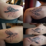 **a tattoo of a bird with feathers made from geometric shapes, flying through the sky. the tattoo is placed on the top left shoulder and goes down to the right side of the back, with black ink and a line art style. it includes small elements like beads or other symbols around it in a grey color, giving an overall elegant look. --ar 1:2** - <@241887161421529090> (fast)