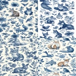 **a pattern of baby animals like foxes, deer, and bears in blue ink on white paper. the design includes various forest creatures such as squirrels, birds, and rabbits surrounded by wildflowers. it has an organic feel with naturalistic details and soft shading to give depth. --ar 4:7 --v 6.0 --s 250** - <@756269320539209761> (fast)