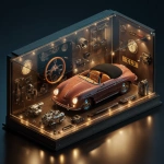 **A highly detailed isometric 3D illustrative render, in the visual style of Unreal Engine cinematic lighting. The scene shows a large wall-mounted display panel designed like a piece of luxury automotive art. The display is a single elegant frame containing all elements together in one unified composition: a Porsche Speedster 1956 scale model at the center, surrounded harmoniously by key authentic components a classic Porsche wooden steering wheel, the metal license plate "CLD 71", a pair of original engine pistons, a vintage analog stopwatch, and the front bumper with round headlights of the car. The materials are rendered with realistic reflections and warm ambient lighting, highlighting metal, glass, and rich wood textures. The background is dark and sophisticated, with subtle LED glows around each object. The overall aesthetic should evoke a luxury automotive museum meets art gallery, precise like an engineering diagram, yet cinematic and elegant.** - Image #4 <@153912116150140929>