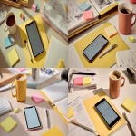 **a photograph of an iphone on a clean work desk in the office with a binder full of papers on the desk, a notepad and pen, stationery. two post-its on the wall. a half-drank coffee mug. the phone should take up about half the visual space. the photography style is colourful and editorial, colour palette should be warm and inviting. <https://s.mj.run/dF8N_y-B2KE> --ar 16:9 --v 7.0** - <@676493813367177236> (fast)