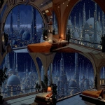 **a view from a cozy balcony, where there is a bed for relaxation, with a futuristic city outside the balcony at night, with fog, tall , some dome shaped architecture --ar 16:9 --sref <https://s.mj.run/FCt1ifw6VkE> --s 250** - <@743405100755845202> (fast)