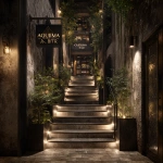 **Architectural rendering of a spectacular outdoor staircase leading to the "ALQUIMIA Café & Bar," a clandestine-style entrance with a mysterious and elegant atmosphere, a narrow hallway with stairs, warm lighting, brass and matte black details, decorated walls, no roof, open sky with soft ambient light, a discreet gold sign at the top, plants and artistic lighting accents on the sides, cinematic composition, artistic and intriguing design that feels secretive yet rigid, ultra-realistic rendering.** - Image #3 <@1175115063670087744>
