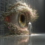 **cinematic. In a futuristic server room, a man looks closely at a single iris that has bloomed within a crack in a server. He is puzzled. Prophetic iris --s 750 --v 7.0** - Image #1 <@1071135204846096475>