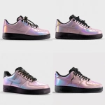 **custom air force 1 shoes designed as an iridescent light pink colorway. the shoe laces should be black leather. the nike check should be black. resolution is hyper realistic. show details in the leather material.** - Variations (Strong) by <@917332670239895563> (fast)