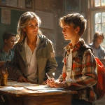 **A quiet classroom scene showing a student sitting at a desk in warm natural light, head slightly bowed in reflection. A teacher stands nearby with a calm, understanding expression not scolding, but gently guiding. The room feels safe and balanced, symbolizing learning through understanding consequences. Realistic lighting, soft tones, and a natural school environment. --v 6.0 --s 750** - Image #4 <@1090630909448949831>