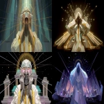 **a conceptual boss design of the game 'Rez', shows the player high-tech structures in a low-poly style.the boss should be designed and be the main object in the picure, a low poly retro neon portrait of an abstract low poly human head with a pair of hands covering her eyes. she is wearing white and gold robes, and there is a halo behind her head. the scene conveys a sense of motion as the beams from the laser guns hit different parts of the structure. the environment has simple geometric shapes that indicates mirrors and library and the scrolls, and the dark background is complemented by the game's use of bright neon colors and glowing effects to create a sense of depth and excitement. the structure should have a religous feeling. --ar 16:9** - <@816916814089027595> (fast)
-# Create, explore, and organize on [midjourney.com](<https://midjourney.com/imagine?from_discord=1>)