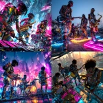 **A dynamic Afro-punk jazz band performing on a neon-lit rooftop stage in a sprawling futuristic megacity. Musicians in vibrant Afro-punk fashion leather, tribal patterns, bold face paint, glowing cybernetic accessories. A standout musician plays a futuristic holographic xylophone with radiant, floating bars that pulse with color. Other band members perform with an electric saxophone, transparent drum kits, and levitating synth panels. The skyline erupts with neon signs, flying vehicles, and towering chrome skyscrapers. Atmospheric haze, dramatic rim lighting, vibrant textures. Afro-futurism meets cyberpunk energy, ultra-detailed, cinematic, 8K resolution." --s 250 --v 7.0 --p f5l5l16** - <@838536424570617898> (relaxed)