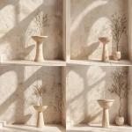 **Studio-style interior photo for furniture catalog use. A single empty plant stand or pedestal centered in the frame. The pedestal is completely empty. No items on top. No plants. No decor. No accessories. No objects of any kind on the stand or surrounding surfaces. Minimal boho interior design. Light neutral palette (off-white, soft beige, pale wood). Simple plaster wall background. Clean floor or tabletop surface with nothing placed on it. Bright diffused studio lighting, flat, even illumination, no directional light, no visible shadows, low contrast. Symmetrical composition, centered framing, large negative space, product documentation photography style, furniture design catalog aesthetic, DSLR quality, 50mm lens. --ar 4:3 --v 6.0 --chaos 0.5 --raw** - Variations (Subtle) by <@1090435486935433258> (fast)