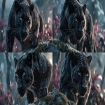**An ultra-realistic, cinematic portrait of a majestic and powerful black panther character, the vigilant protector of his family. He is standing guard on a moss-covered rock overlooking a valley, his posture calm but intensely alert, muscles defined beneath his fur. In the soft-focused background, his younger sister and mother are visible, resting peacefully. His deep black fur is subtly infused with an intricate pattern of glowing, golden constellations and faint cyan bio-luminescent circuits that seem to pulse with a soft, protective energy. His intelligent eyes have a gentle, golden glow. The scene is set in a mystical, futuristic jungle at twilight, with glowing flora and beautiful bokeh in the background, hyper-detailed, ethereal lighting, shallow depth of field. --ar 16:9 --s 400 --raw** - Variations (Strong) by <@1154898485301227621> (fast)