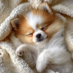 **fluffy white female pomeranian puppy with goldden brown markings fully covering both ears, slightly chubby body, long eyelashes, sleeping on a soft cream-colored blanket, just waking up, stretching paws, photorealistic lighting ar 9:16** - Image #3 <@1192740390948847657>
