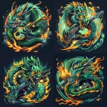 **A fierce, aggressive dragon mascot with a guiter into its coils in a bold, modern design going round a guitar, with sharp features and intense glowing eyes.The dragon has intricate green and gold scales, a spiked tail, and flames surrounding it. The composition is dynamic, showcasing the dragon coiled around a large, glowing sports emblem with bold text integrated into the design. Strong contrast and a vibrant, clean, minimal background suitable for a team logo. Stylized, professional sports logo, 2D art, sharp details, and bold colors --v 6.0 --style raw** - Variations (Strong) by <@889613382943133717> (fast)