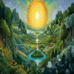 **a sun of many colors looks down upon a lush green world. the inhabitants worship the sun as a prophetic iris offering insight into daily life and enriching culture, illustration, detailed image, fine strokes in painted sections --ar 16:9 --v 7.0** - Image #4 <@480446086046154782>