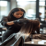 **Hyper-realistic image of a 30-year-old North African woman working as a hairdresser, wearing a black stylist blouse and gloves. She is carefully applying blonde dye to the long hair of a female client, who is seen from the back. The scene is set inside a modern, well-lit hair salon with minimalist decor and clean surfaces. Natural daylight floods the space through large windows, creating soft reflections and realistic shadows. The focus is on the concentration of the hairdresser and the blonde dyeing process. High definition, high resolution. --ar 9:16 --v 6.1** - Image #4 <@1277569890588557353>