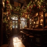 **traditional Irish pub decorated for Christmas, hyper-realistic warm interior, wooden bar, dark wood stools, shelves filled with bottles, classic Guinness taps, garlands of evergreen and holly, red and gold baubles hanging from the ceiling, dense twinkling fairy lights, cozy festive clutter, vintage signs, soft warm amber glow, textured wooden floor, frosted window with soft daylight, no people, inviting and atmospheric, extremely detailed, photo-realistic, cinematic lighting, symmetrical composition, static camera, perfect for seamless looping --ar 16:9 --no people --no motion --chaos 10 --raw** - Image #1 <@1037124382050492508>