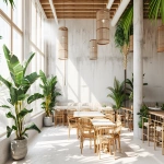 **A minimalist tropical restaurant design, seamless indoor-outdoor flow, white concrete walls, warm wood slats, lush indoor plants, rattan furniture, soft natural sunlight, serene atmosphere, architectural visualization --ar 3:2 --v 6.0** - Image #4 <@1296729788215595112>