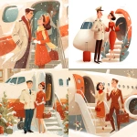 **Pilot and stewardess greeting people on the airplane steps, invite you into the salon, hospitality, cute commercial illustration in light white, beige, orange and bright red tones, add Christmas atmosphere and snow** - <@1178911175929499672> (fast)