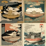 **Ukiyo-e Japanese woodblock print style, portrait composition, centered charming cat eating a bowl of ramen noodles, Edo period illustration influence, bold clean ink outlines, flat layered colors, limited traditional Japanese palette, stylized steam rising vertically, decorative wave and cloud motifs framing the subject, washi paper texture, subtle grain, vintage woodblock aesthetic, high contrast, clean silhouette for apparel design, no background clutter, t-shirt graphic ready --ar 11:27** - <@409716268476923920> (fast)