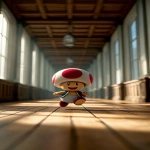 **A Toad-like character dashing across a long connecting corridor, mid-run with arms swinging and legs in motion, dynamic movement captured from a dramatic low angle, soft morning light shining through windows on one side, motion blur on the background to emphasize speed, classic school architecture with wooden floors and beams, red and white mushroom cap flapping slightly, cinematic realism, emotional and nostalgic mood --v 7.0 --ar 9:16 --oref <https://s.mj.run/xKRYl9AmtcQ> --ow 200 --raw** - Image #4 <@1112784568303497357>