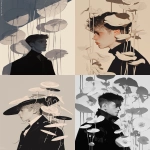 **2025-06-24 black and white shot of art nouveau parasol hats of a hirsute French King surrounded by parasol flowers inside the Vietnamese Palace under dramatic sunlight and shadows --ar 4:5 --sref 344158734 --profile 8xqipwk --stylize 567 --niji 6** - <@1121310536559243315> (relaxed)