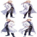 **Male doctor in white coat, blonde ponytail, green eyes, haggard and good looking, wearing slippers, formal attire, name tag, full body, --ar 9:16 --niji 6** - Variations (Strong) by <@915835811092656128> (fast)