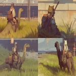 **cute medieval cat rides a diplodocus into battle --ar 3:2 --sref 1628681958 --profile xd6tqqy --sw 400 --stylize 800 --niji 6** - <@937851746712186921> (relaxed)