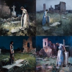 **The painting of a woman standing in a long dress at night in a meadow with church ruins, leaning on a tombstone with a cross, surrounded by broken walls, an oppressive atmosphere, as if moving, was painted by Jenny Saville.** - <@1106776019475636345> (fast)
