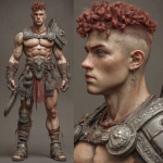 **Character design sheet. Realistic 3d rendering. Character design sheet of a ruggedly handsome, Hyper muscular handsome half orc, bodybuilder, bright silver eyes, short curly red Mohawk, short pointed ears, defined muscles, Huge leg muscles, huge pectoral muscles, big arm muscles, vascular hyper muscular, wide Grecian nose, strong square jaw, defined cheek bones, masculine features, freckles, Bodybuilder, short pointed ears, wearing Roman gladiator armor. --v 7.0** - Image #2 <@1222981214734913607>