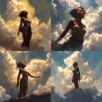 **low angle camera view, a character illustration, a black young muscular woman, thick clouds surrounding her, she is an elemental and she made of a golden light, she is looking to the sky and trying to reach out a female black skined hand in the clouds, craig mullins style --s 250 --v 5.0** - <@942102369683001474> (fast)