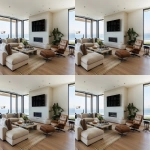 **ultra-realistic photograph of a coastal modern open floor plan living room in Manhattan Beach, California, warm oak wide plank hardwood floors, large black-framed windows with panoramic ocean and beach view, Restoration Hardware modern-inspired neutral palette, plush L-shaped sectional rotated so one side faces the ocean and the other faces a sleek TV above a limestone fireplace, layered grass cloth and Persian area rug, stone coffee table, leather lounge chair, wood rectangle couch table with lamp and fresh flowers and books on top, textured throw pillows, soft ambient natural daylight, sculptural chandelier, layered organic textures, styled for a luxury interior design Instagram post, straight-on wide-angle lens, full view of space including ocean view and TV wall, center fireplace, photorealistic details, depth, natural shadows --v 6.0 --raw --ar 13:10** - Variations (Region) by <@1339375378858381312> (fast)