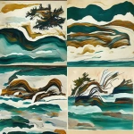 **<https://s.mj.run/pPytsLEIUl0> an abstract painting of georgian bay frothy water crashes onto the shore of a rock island with a single wind blown pine tree, paint mixed with streaks, muted and abstract forms, in the style of Helen Frankenthalter --ar 3:2 --v 3** - <@999895176619237436> (fast)