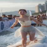 **a joyful Korean university girl with pale glowing skin, camera-facing with a wide smile, standing tall on a surfboard in motion, wearing an ivory sweetheart neckline crop top with lace trims and a translucent soft grey ballet mini skirt, toes visible with soft wet sand, beach crowd cheering behind --v 7.0 --ar 9:16 --q 2 --raw** - Image #1 <@1192072662005059597>