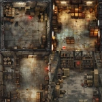 **top-down view of a large industrial warehouse interior, with tall metal shelves, scattered wooden crates and cardboard boxes, worn concrete floor with oil stains, one wall features a red flashing alarm light, includes a couple of side rooms like an office and a storage room with doors, gritty realistic texture, harsh overhead lighting, detailed grid-friendly layout for tabletop RPGs, 2D isometric battle map, Dungeons & Dragons theme --v 6.0 --ar 1:1 --raw** - <@398622100233125890> (fast)