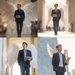 **a cool Asian man wearing a dark navy suit and pants, light brown hair, walking confidently while holding an iPad in one hand and the other hand in his pocket, smiling happily, large white angel wings behind him, viewed from a low angle looking slightly upward, business-themed background softly blurred, soft light, elegant atmosphere, high detail, 4K, realistic photo** - <@427615579231485956> (fast)