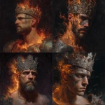 **A wide, front-facing oil painting portrait of a king wearing an awe-inspiring, intricately detailed welding crown adorned with ancient symbols and shimmering jewels that seem to pulse with inner fire. His full face, chest, and upper torso are visible. The left side of his face and shoulder are consumed by vivid, almost supernatural flames ethereal and alive casting dynamic, flickering light that dances wildly across his skin and armor. The flames subtly form ghostly shapes of angels and souls rising, blending spiritual mysticism with raw elemental power. A bold, cracked ash cross, textured like burnt wood and glowing faintly with silver embers, is emblazoned on his forehead a stark symbol of humility, mortality, and divine purification. His expression is calm yet fervent, eyes burning with inner fire and transcendent wisdom, embodying spiritual strength, sacrifice, and rebirth. The dark, textured background pulses with smoky shadows and faint celestial constellations, as if the universe itself watches this sacred moment. Rendered in rich, detailed soft oil brush strokes that give the skin a warm glow, the flames a mesmerizing flow, and the crown a regal grandeur blending hyperrealism with a visionary, almost mystical atmosphere full of emotional intensity and symbolic depth.** - <@1097374443979935885> (fast)