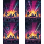**award-winning concert poster in vibrant blacklist poster coloring, displaying a 4-piece rock band of astronauts jamming on a stage with an insane laser light show illuminating them and a frothing-at-the-mouth audience** - Variations (Subtle) by <@539290812681551874> (fast)