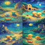 **The Moon tarot card in the style of Miroslav Sasek and Tataro Kimuchi. The image depicts two dogs sitting beside the road and an ocean crustacean is in the center of the road in the style of the Rider-Waite deck. The moon is shining down on them from above. In the background, there are some ruins and grass. There is also a lobster sitting near the water in front of the dogs. The illustration is painted in a vibrant amber and mocha color palette, evoking a dreamy and magical atmosphere. Soft round shapes, children’s book illustration style, clean and bright background. --ar 7:12 --sref 1567159629 --profile ouhb4r1** - <@409716268476923920> (fast)
-# Create, explore, and organize on [midjourney.com](<https://midjourney.com/imagine?from_discord=1>)