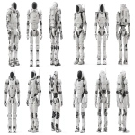 **a humanoid robot similar to the Unitree G1 or the Tesla Optimus. This is an original robot, humanoid in style, with its own unique "face". please show the robot design against a purely white background and provide front side and back angles. the robot should be about 5 feet tall. Realistic photography. Photoreal. --ar 16:9 --v 7.0** - Variations (Strong) by <@1081928187845542040> (fast)