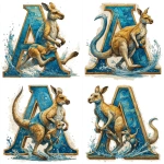 **a sports logo, A block letter A with a female Kangaroo running and a baby kangaroo in her pouch holding a football. colors are Bright Blue, Metallic Gold, and cream, cartoon style art, white background --s 250** - Variations (Strong) by <@180156009745088513> (fast)