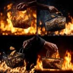 **a black person's hand holding the side handle of a fish frier basket tossing freshly fried fish in the air from the fryer basket. Against a black background with fire flames in the background.** - <@817880507983069194> (fast)