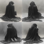 **Prompt (kneeling Celaena, better angle & cloak): Back view of a hooded figure in a large black textured cloak, kneeling low, body turned slightly left but mostly facing forward so her back is clearly visible. The cloak drapes smoothly to the ground, covering her feet, with heavy folds but not overly tattered or frayed. The hood is up, concealing her head, with only faint strands of pale blonde hair peeking out from the sides. Subtle, cinematic lighting. Neutral background for compositing. --ar 2:3 --v 6.0 --s 800 --no face, no cartoon, no anime, no 3d, no text, no gravestone, no scenery --raw** - Variations (Strong) by <@1244098075421708410> (relaxed)
-# Create, explore, and organize on [midjourney.com](<https://midjourney.com/imagine?from_discord=1>)