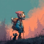 **<https://s.mj.run/RTecCqauTFQ> Reimagine this clean cartoon illustration in a painterly, atmospheric style. Use muted earthy tones blended with halloween colored pastels, textured brush strokes, and hazy gradients in the sky. Hiking through the forest with his cat. In the Pacific Northwest near the mountains during blue hour. Apply loose, expressive linework with subtle shading, crosshatching, and worn textures. Add depth and warmth through cinematic lighting and moody color grading. Expressions should remain exaggerated yet nuanced, balancing humor and melancholy within an atmospheric, storybook-like setting. Color Palette: 20% pastel periwinkle 40% pastel cotton candy 20% pastel sekura pink 10% pastel celadon 10% pastel black** - Image #4 <@757787837981786134>