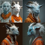 **a goat/human hybrid. More human-like. light blue skin, white hair, orange outfit. realistic** - <@442905496559812618> (fast)
